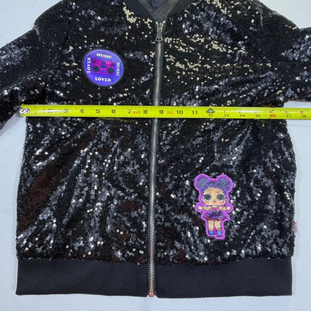LOL Surprise Remix Girls Black Sequin Bomber Jacket Music Lover Patch Size 10/12 - Picture 4 of 7